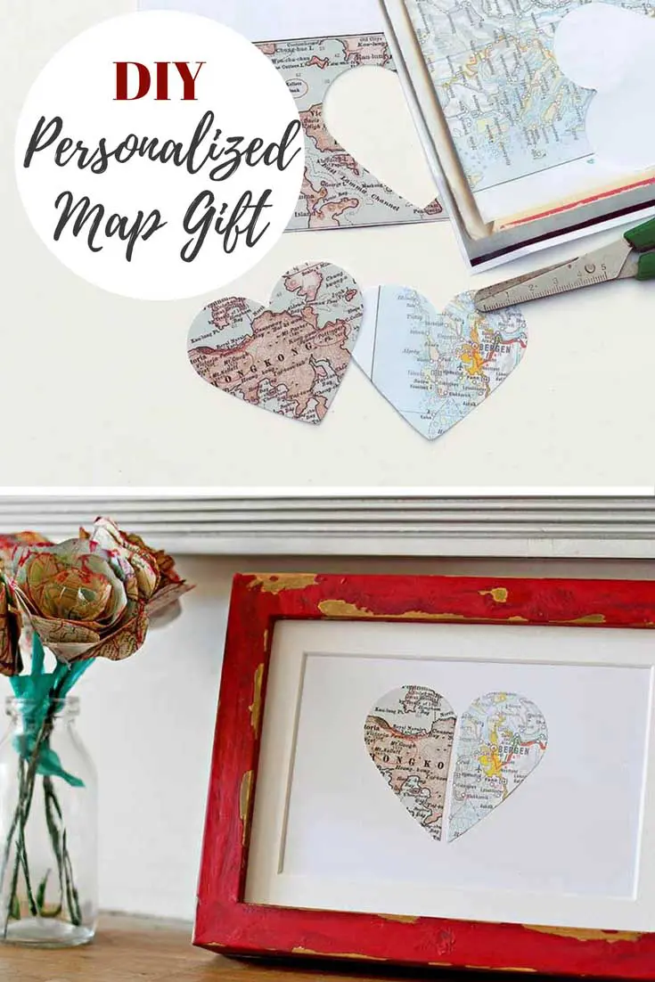 Paper cut map hearts for a personalized gift in a red frame