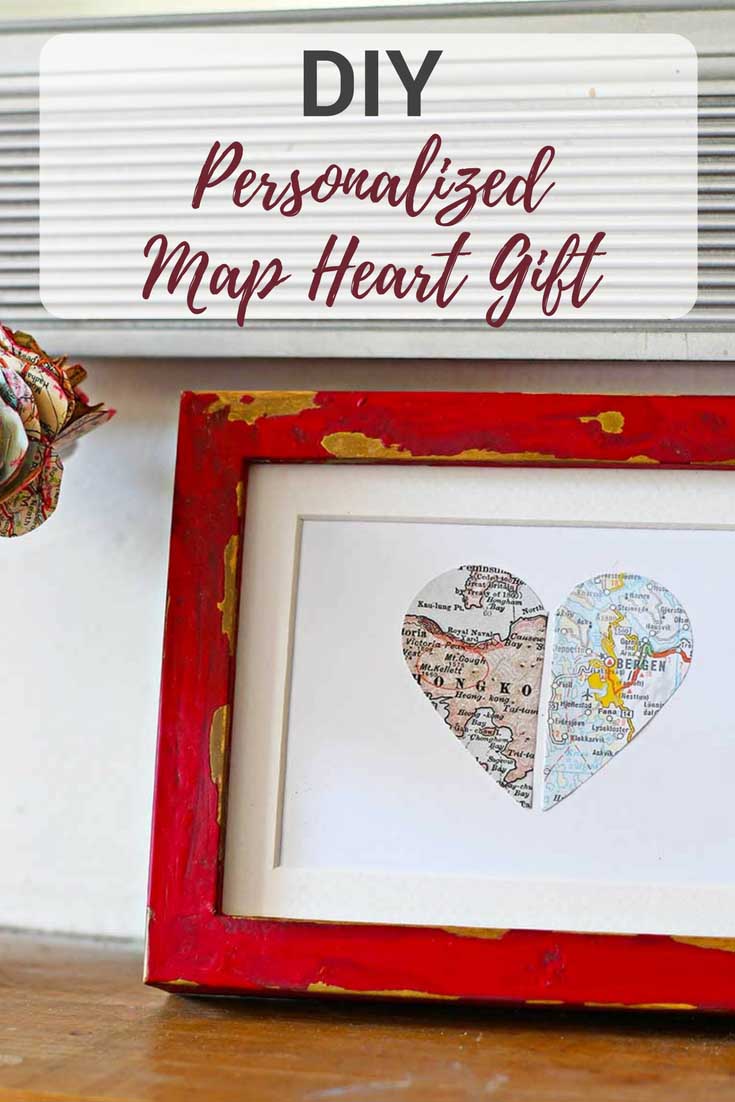  Paper personalized map gift heart in a red & gold painted IKEA Ribba frame