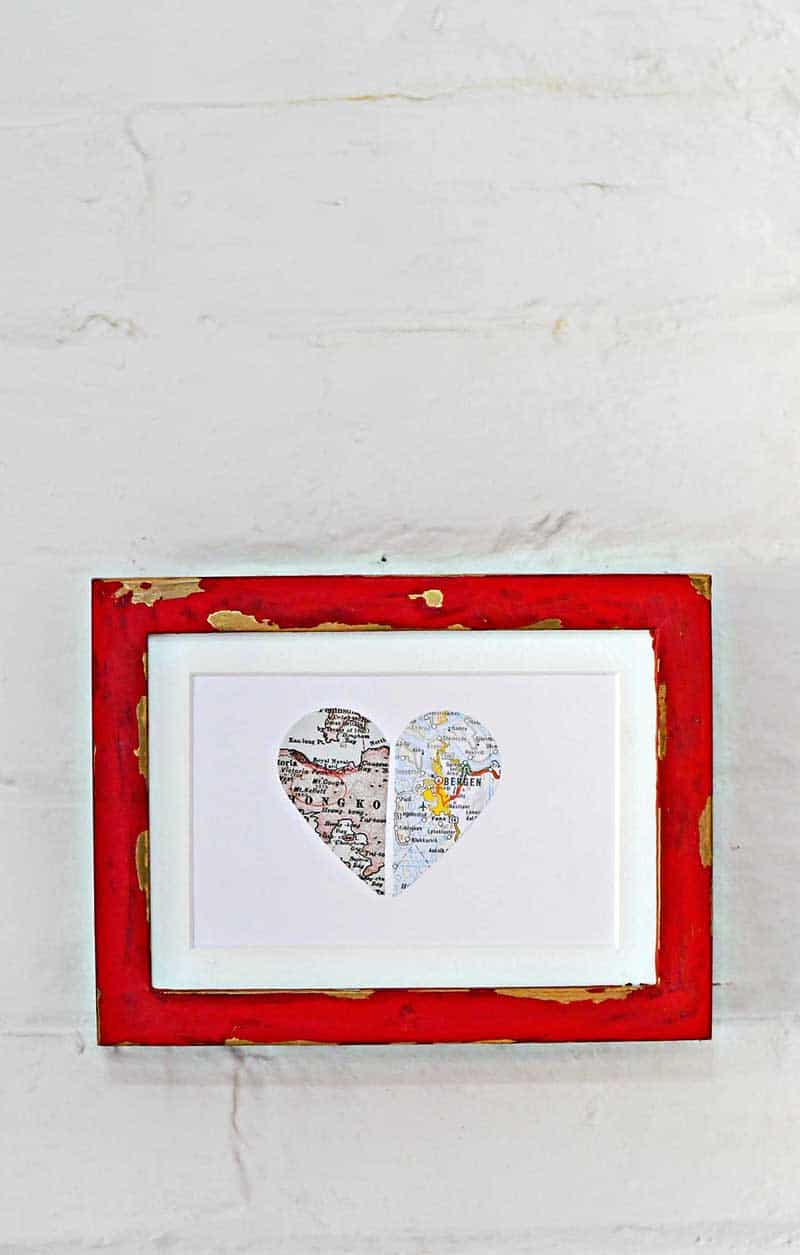 Framed paper map heart for a lovely personalized map gift