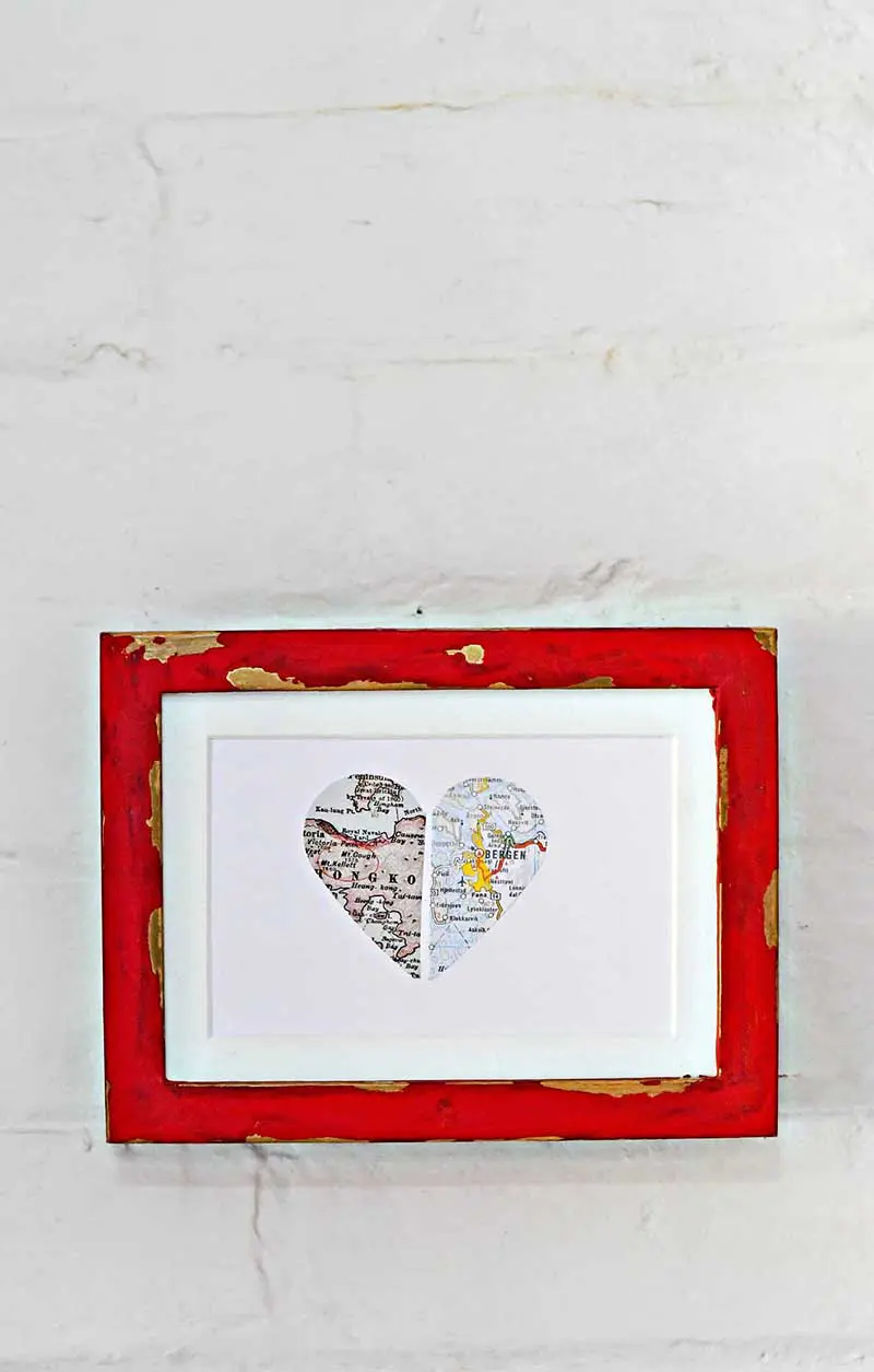 Framed paper map heart for a lovely personalized map gift