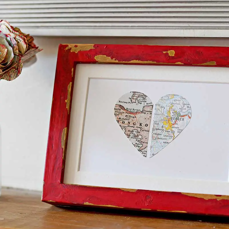 Personalized map gift paper heart in IKEA ribba frame hack.