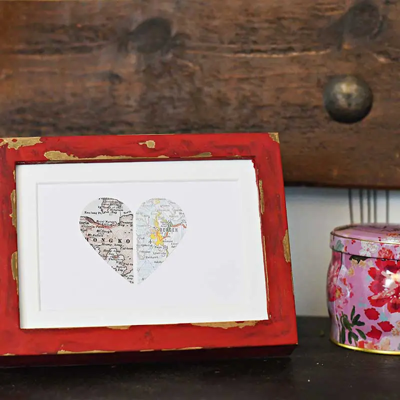 Framed paper map heart for a lovely personalized map gift