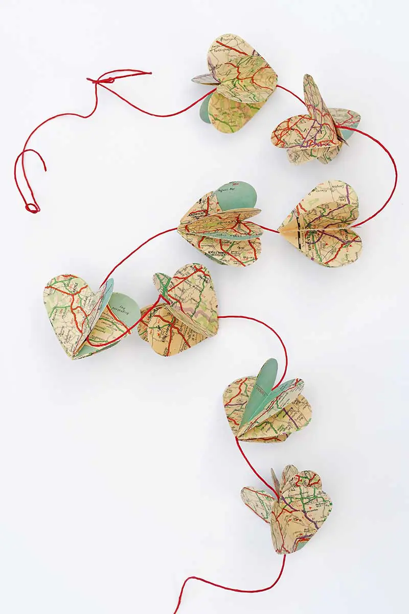 paper map garland made from hearts