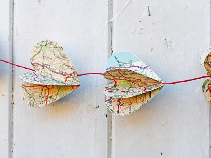 Garland made of paper map hearts.