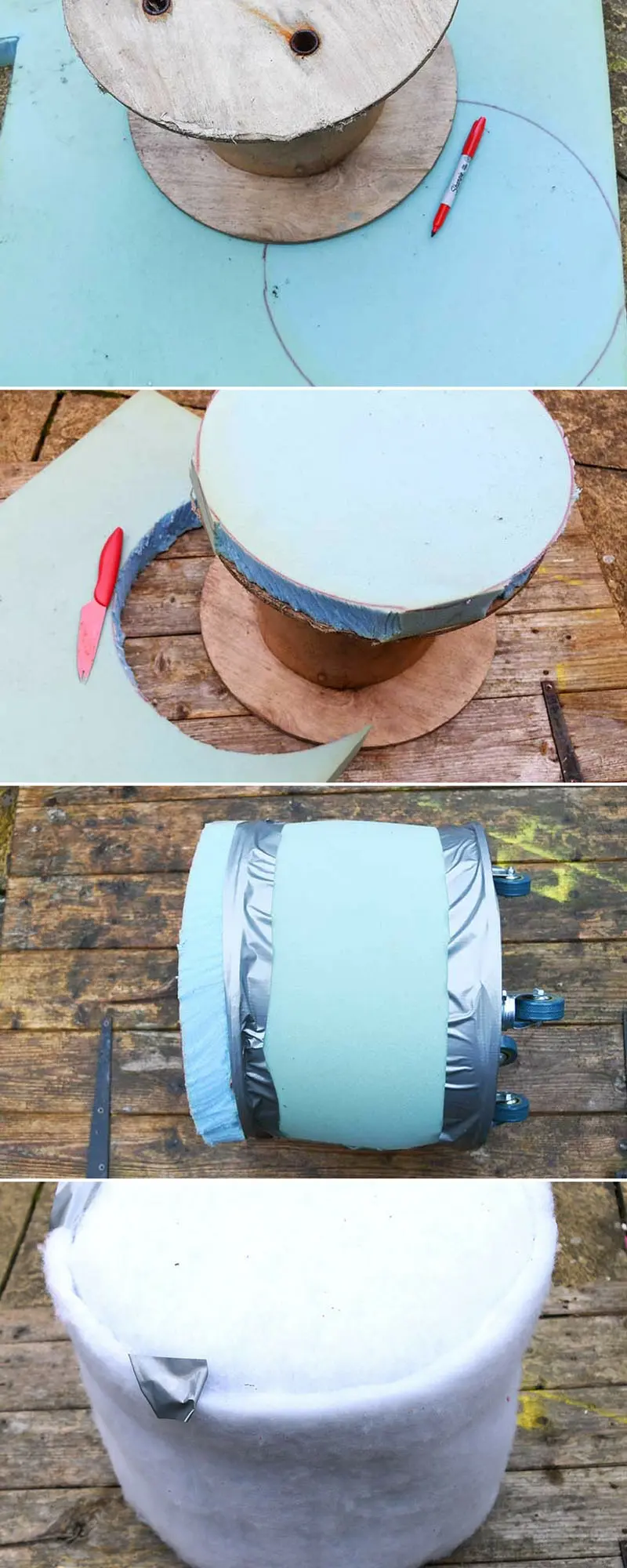 Covering cable spool with upholstery foam.