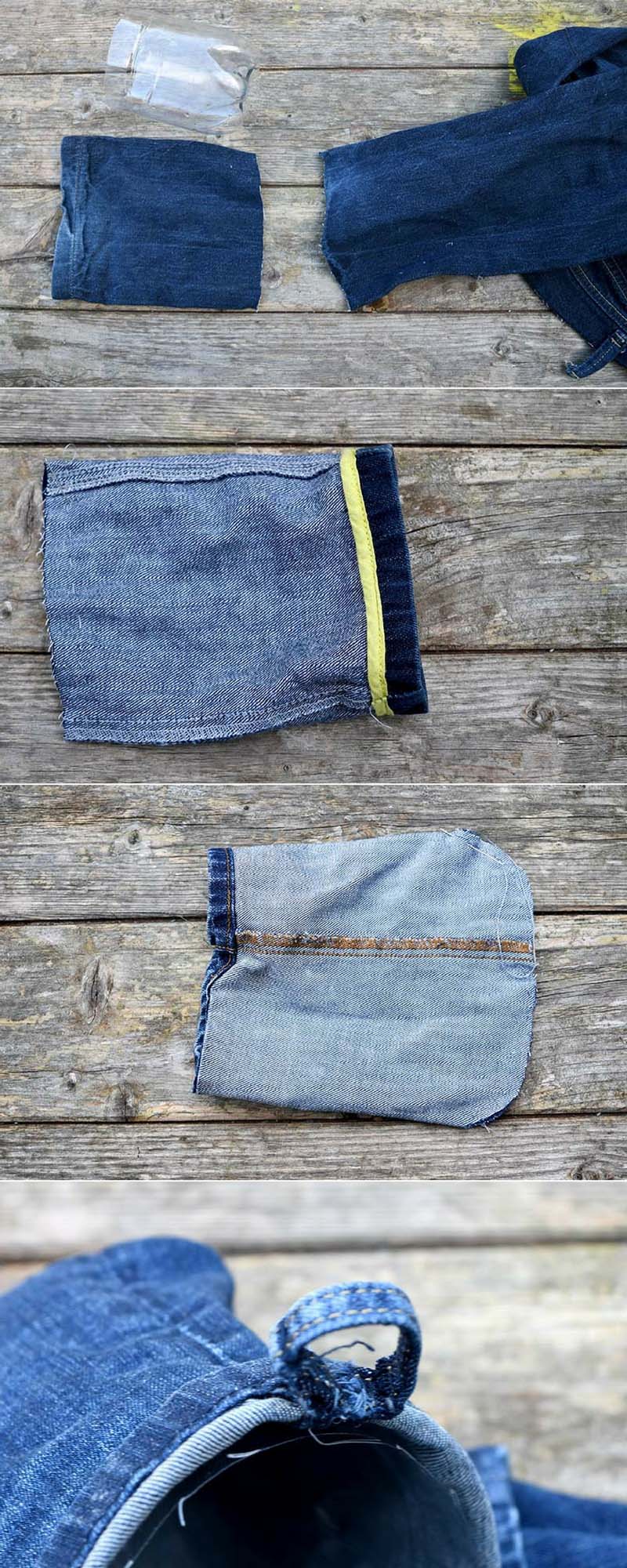 Making denim pouches for indoor heb garden