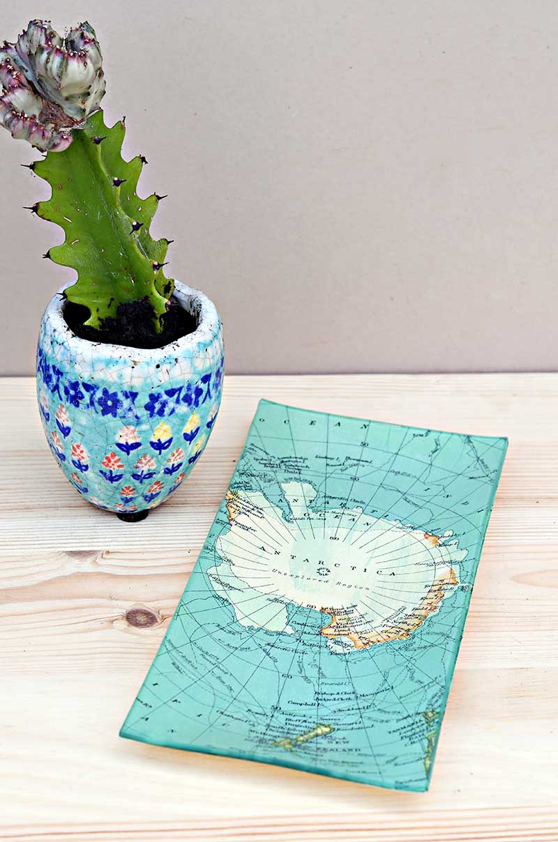 Antarctica map glass trinket dish upcycle