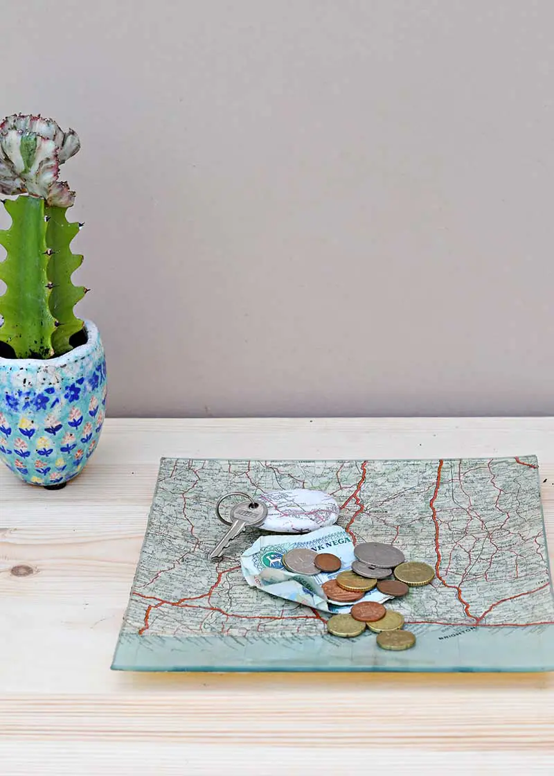 Personalized road map decoupage glass tray