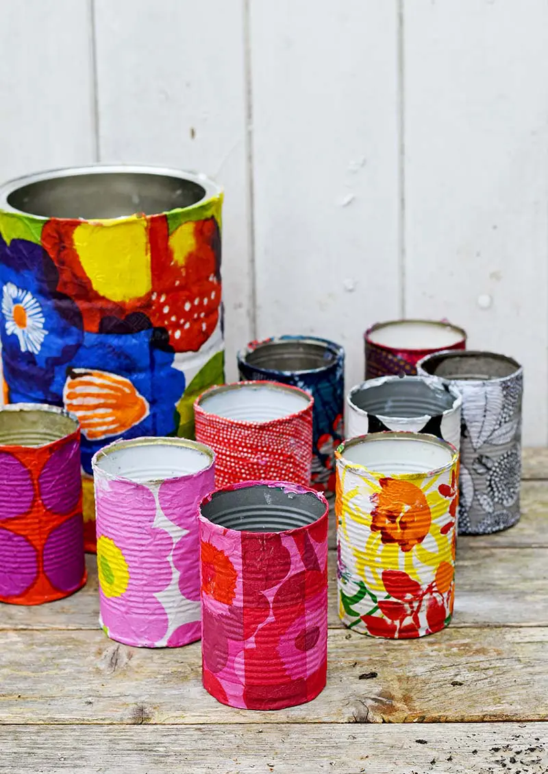 Collection of Marimekko tin can planters.