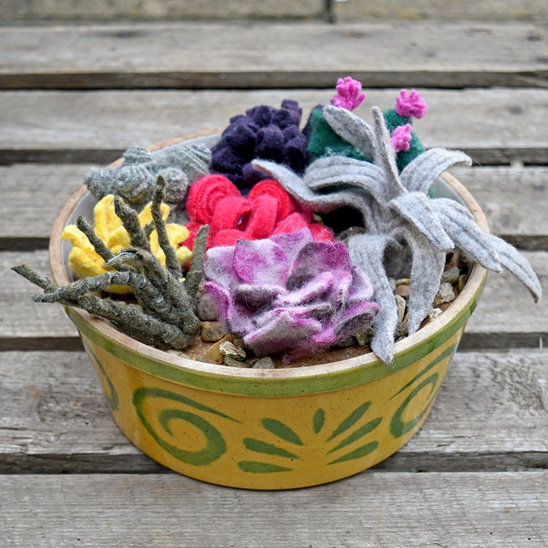 DIY felt succulent garden in an old casserole pot.