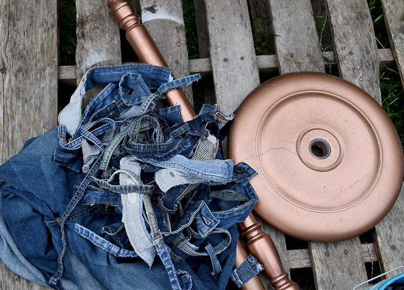 denim scraps and floor lamps