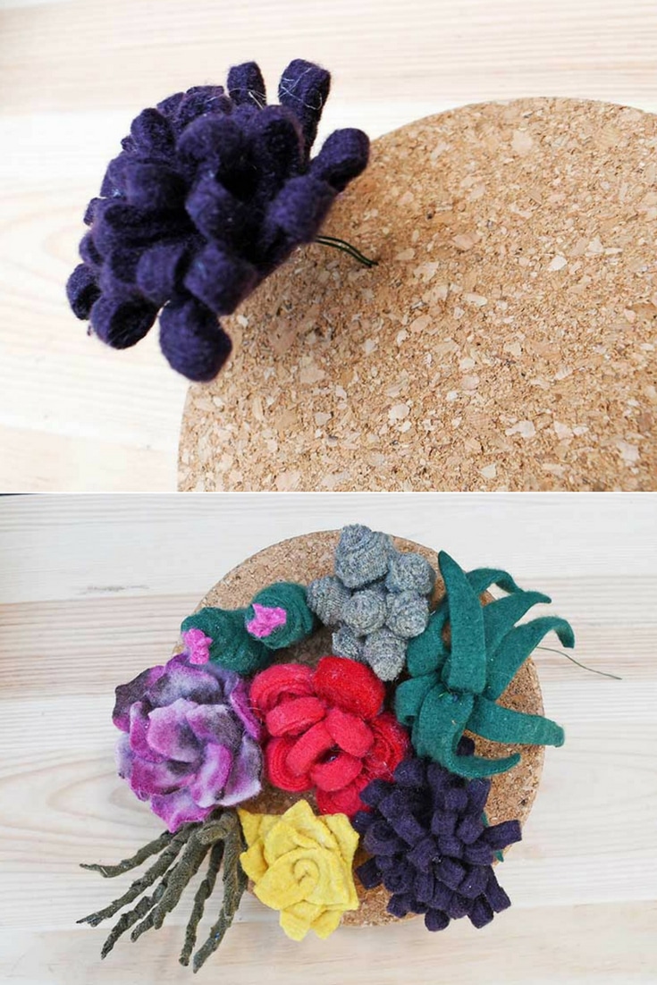 assembling felt succulent garden onto corkboard