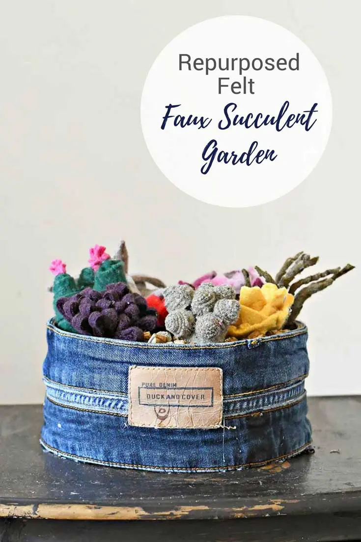 DIY felt faux succulents garden in upcycled stone tin