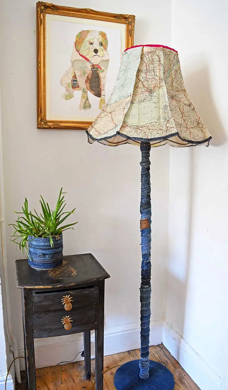 Upcycled denim floor lamp with map lampshade