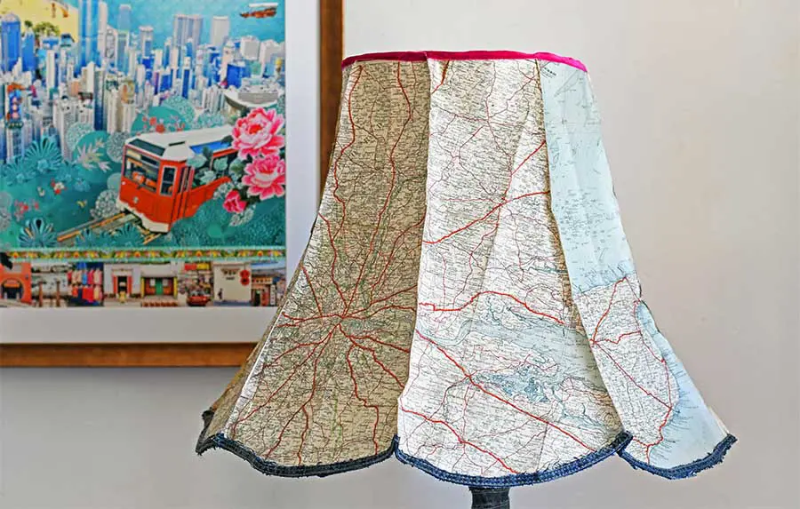 Upcycled denim lamp and vintage map lampshade