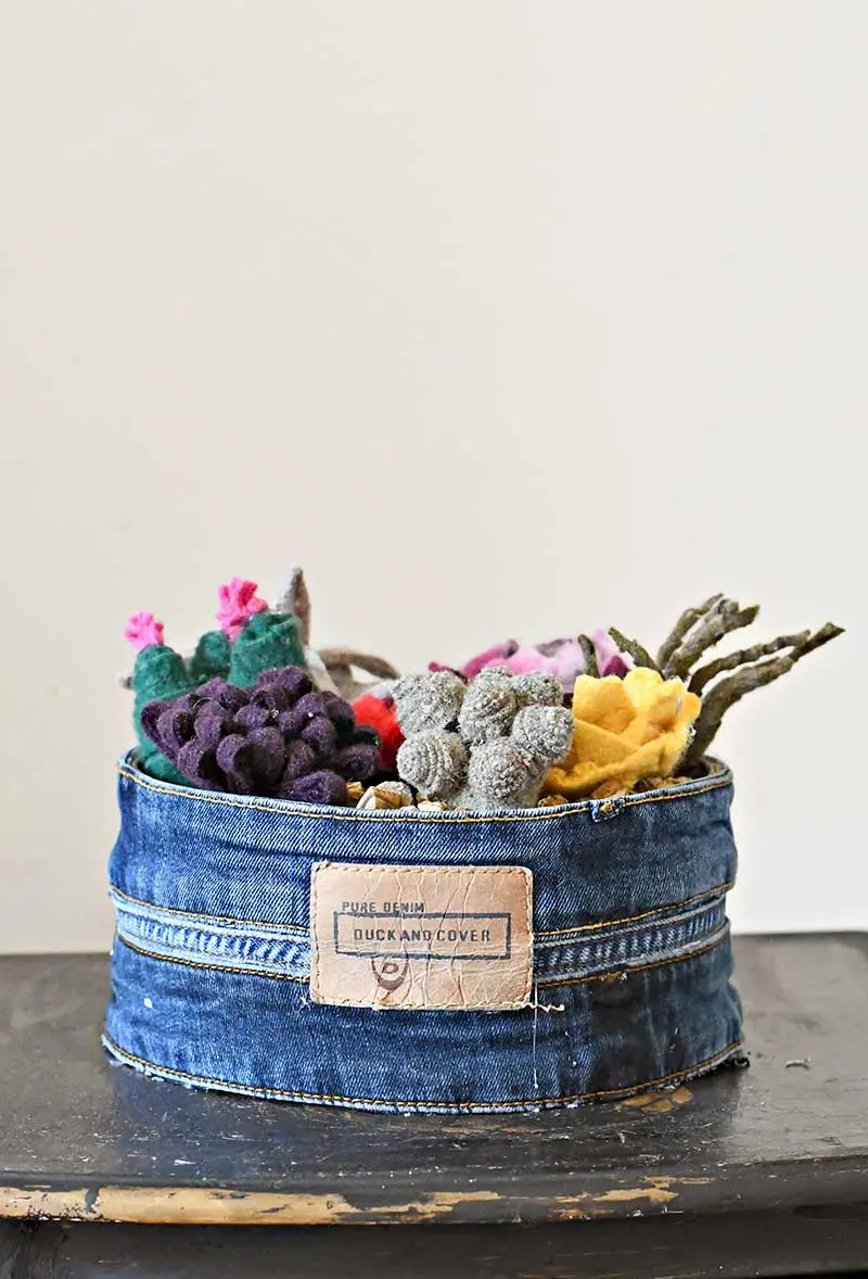 Upcycled sweater felt scraps into a faux succulent garden