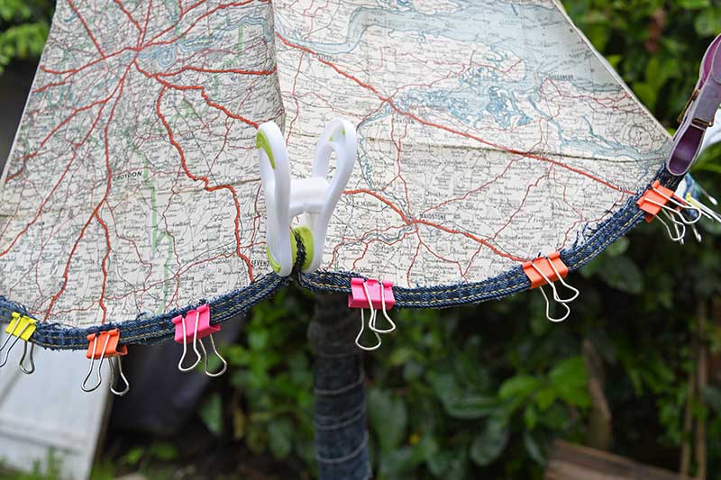 Sticking denim trim to map lampshade