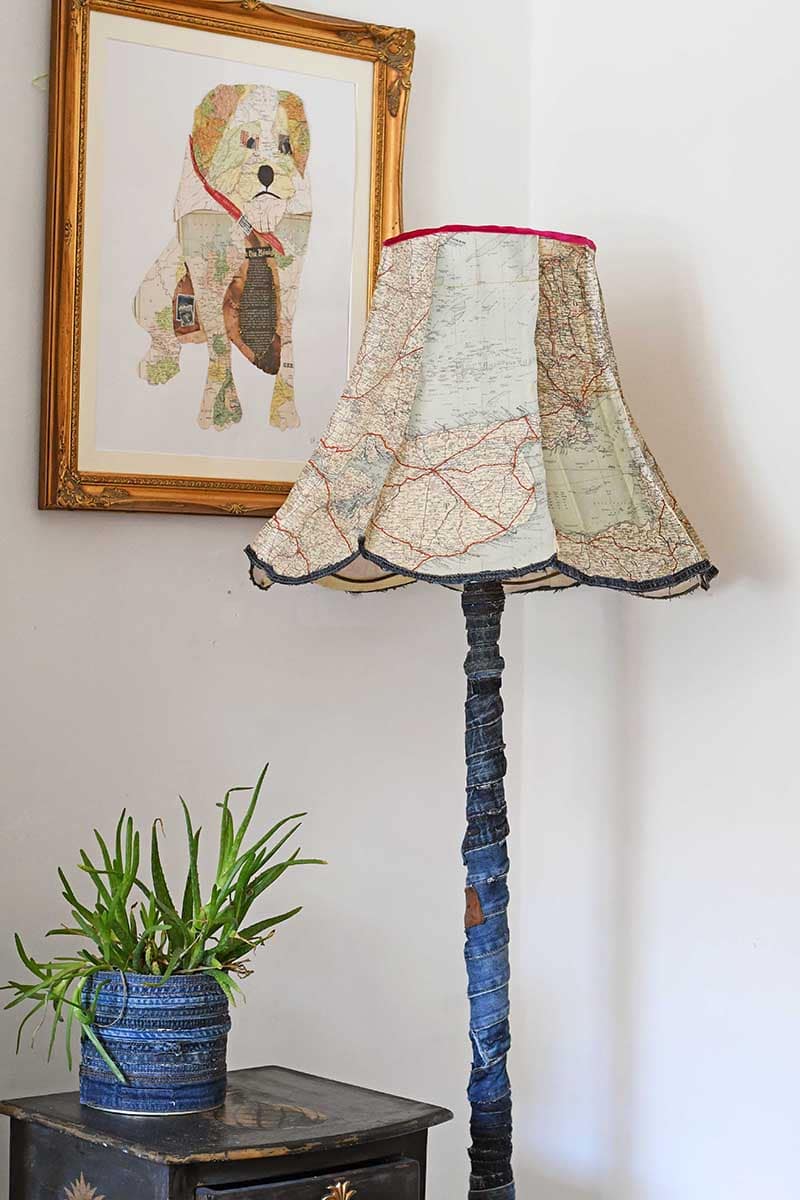 Upcycled Vintage denim and road map floor lamp