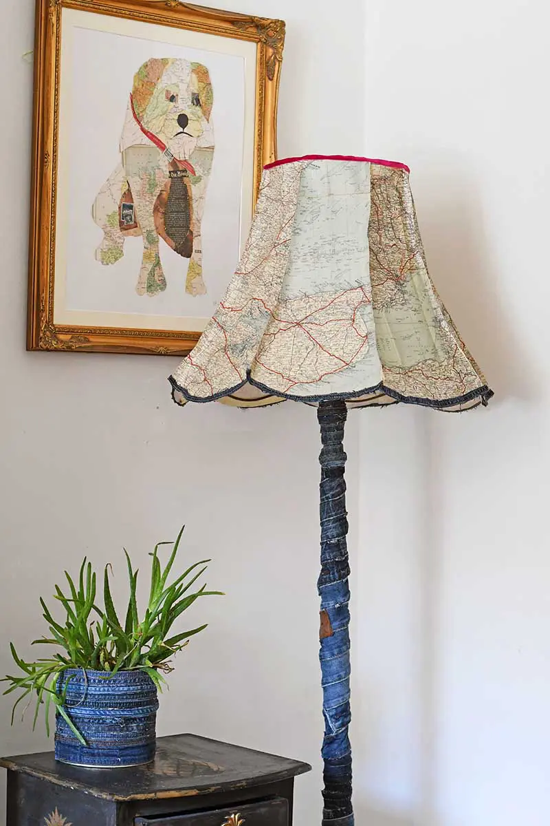 Upcycled Vintage denim and road map floor lamp