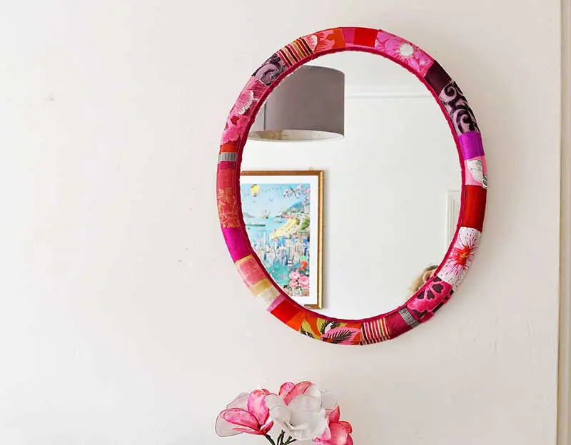 Patchwork upcycled mod podge fabric mirror frame