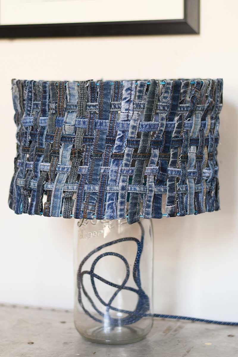 DIY unique table lamp with woven denim lampshade