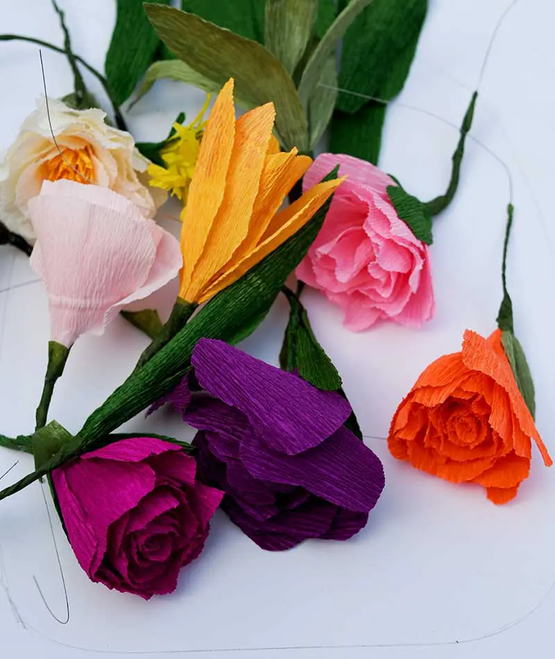 Assorted crepe paper flowers.