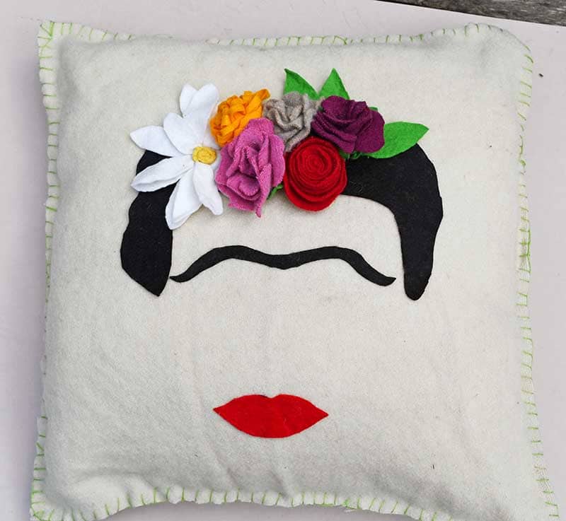 Frida Kahlo Felt Flower pillow blanket stitch