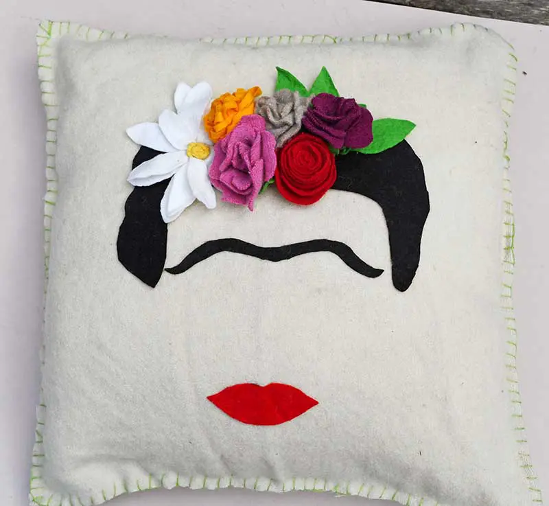 Frida Kahlo Felt Flower pillow blanket stitch