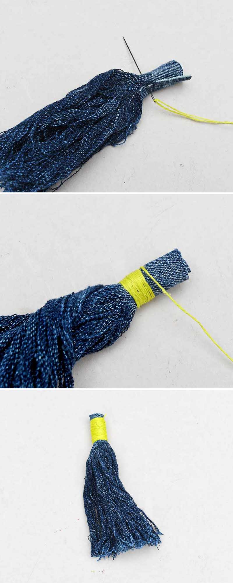 Securing the denim tassel with thread