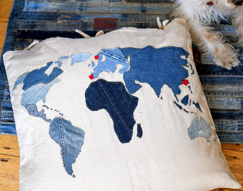 applique denim world map pillow