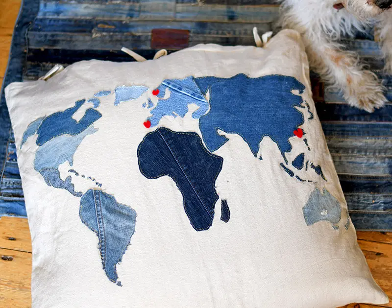 applique denim world map pillow