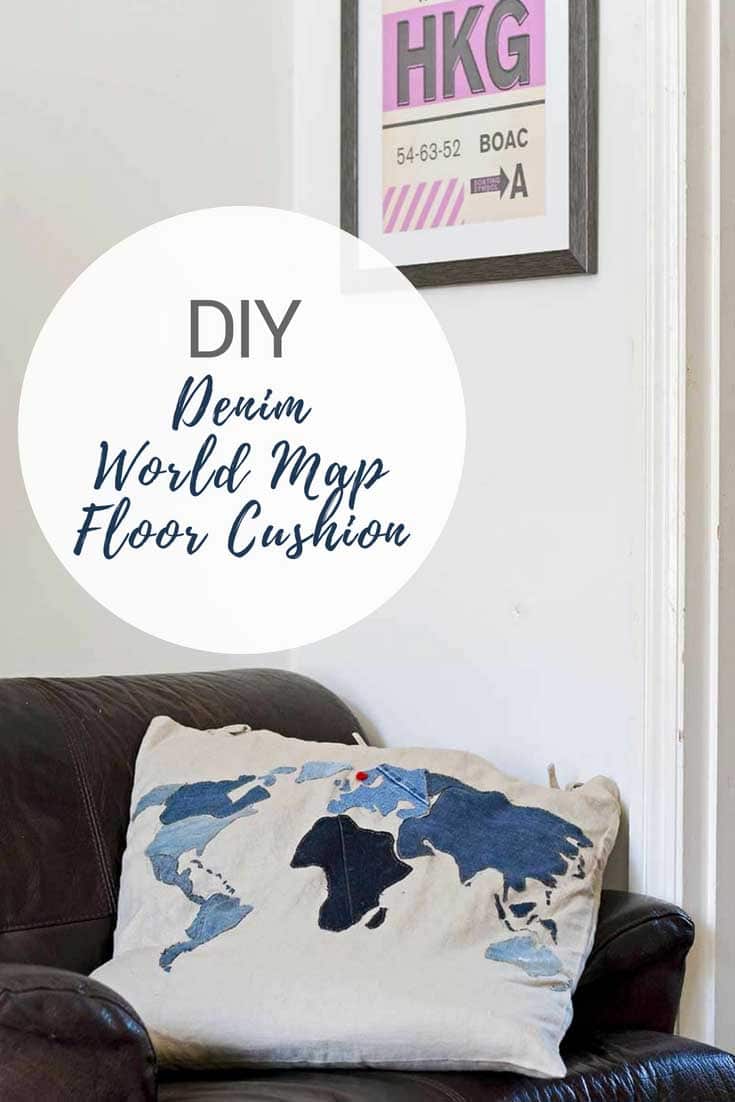 applique world map denim floor cushion