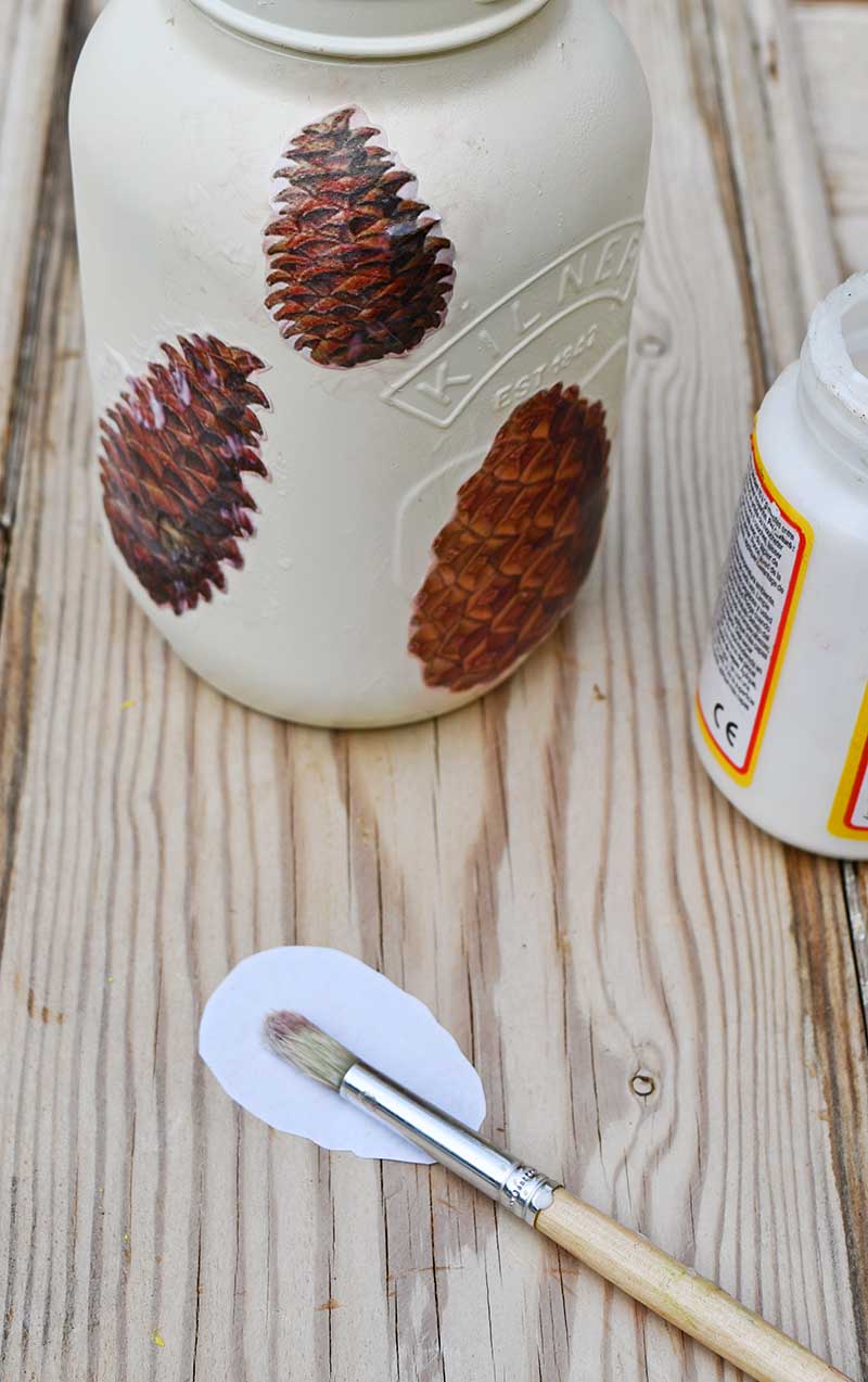 Decoupage pinecone mason jars