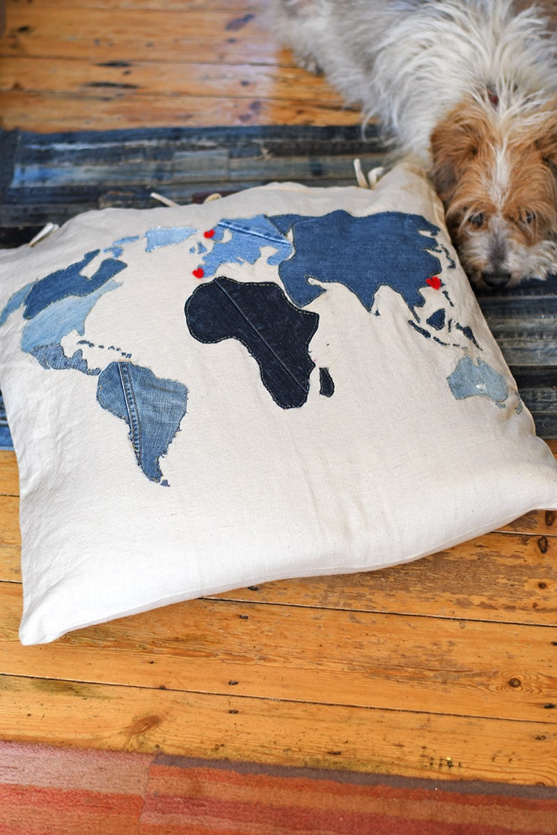 Applique world map denim floor cushion