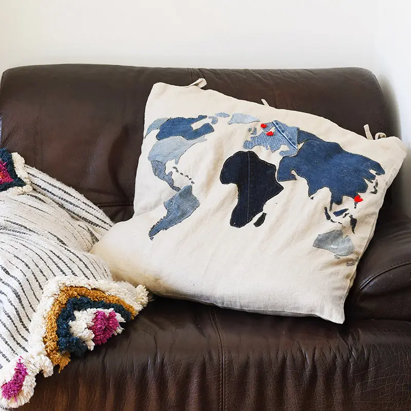 Free pattern for an extra large applique world  map denim pillow