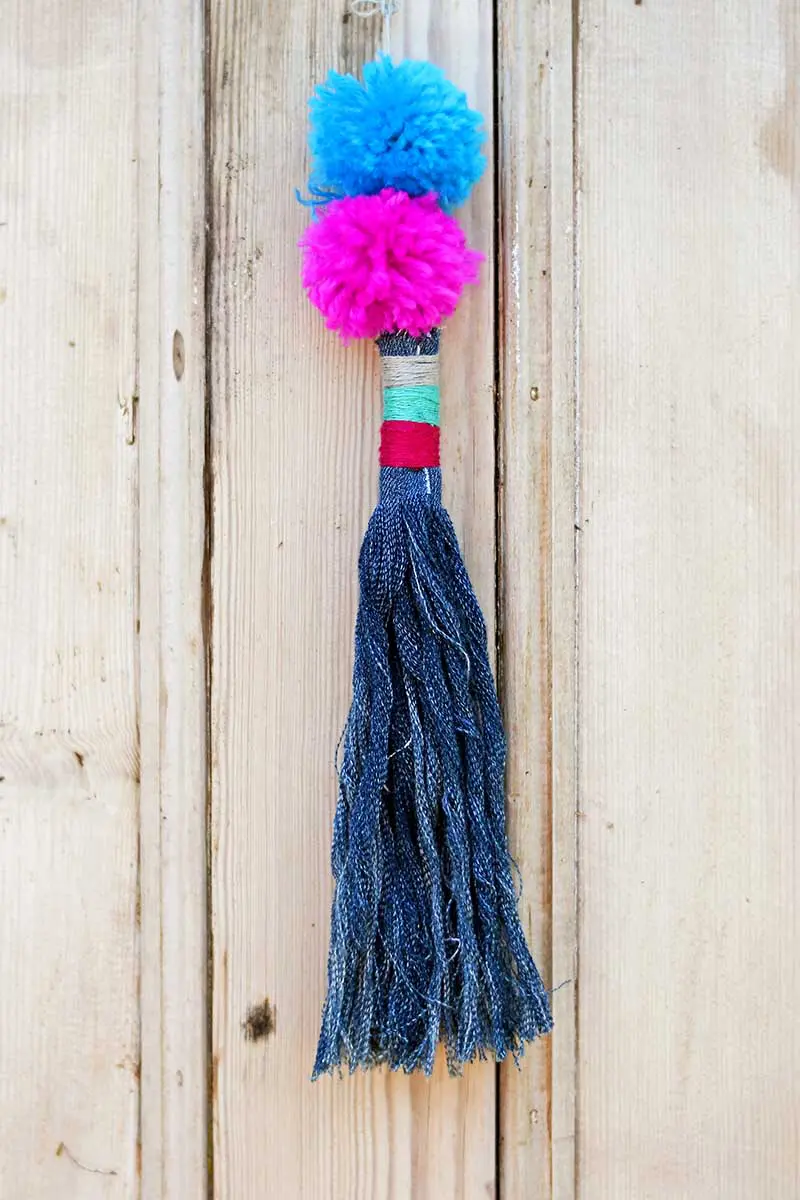 Upcycled denim tassel with pom pom tutorial