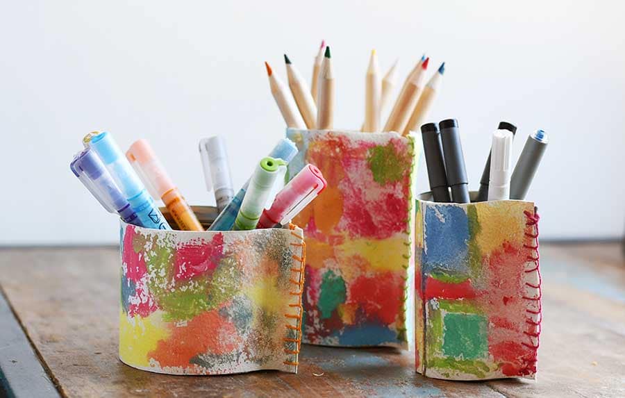 Upcycled tin can leather pen pots