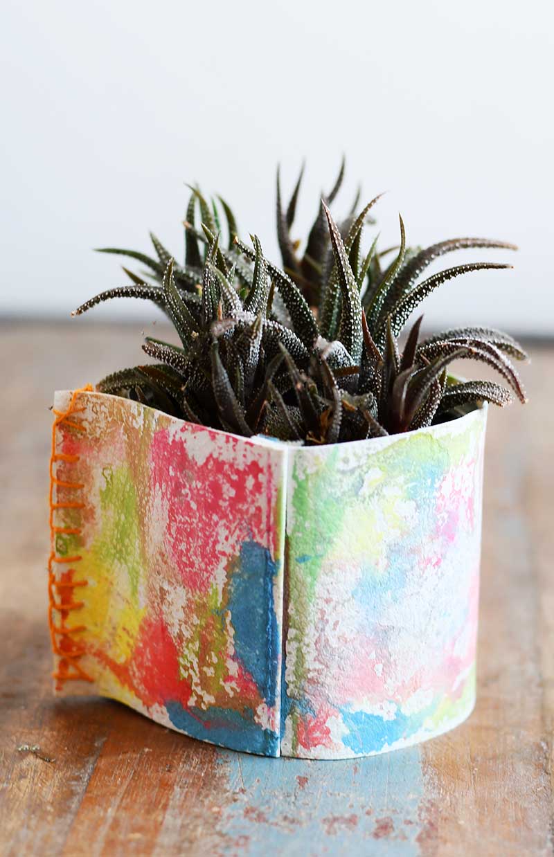 Upcycled rainbow leather planter