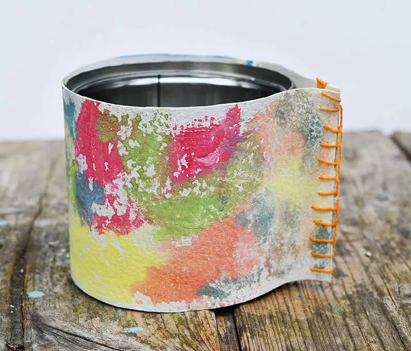 upcycled rainbow leather pot