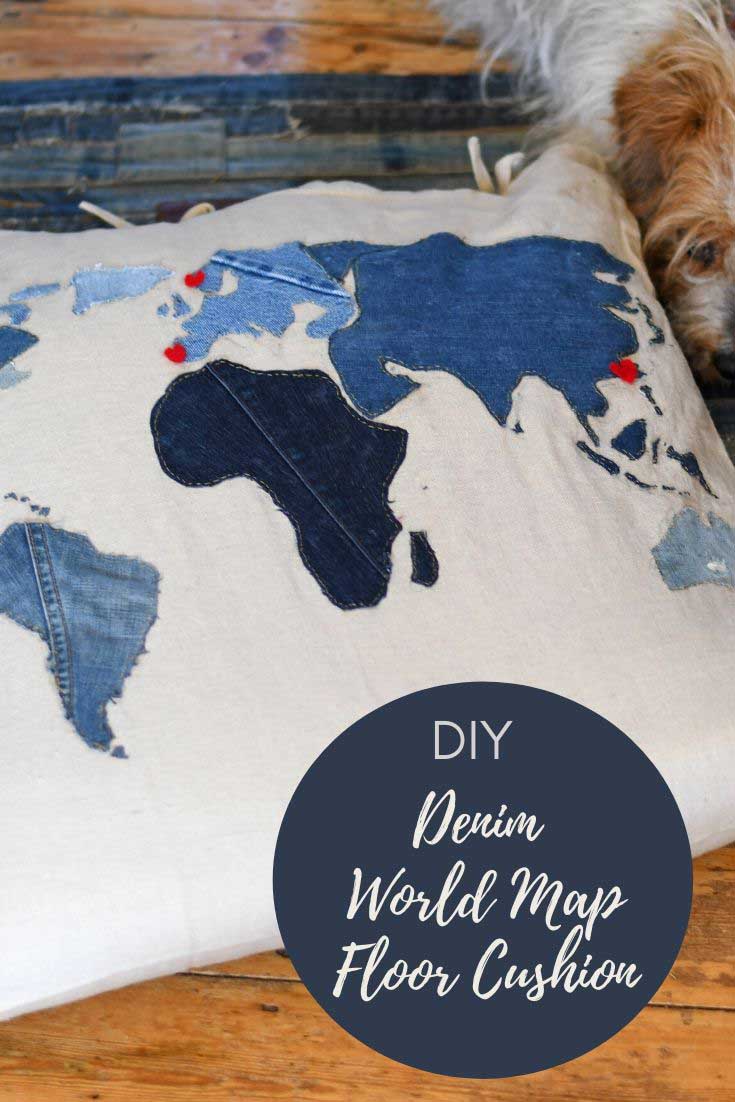 Diy world map cushion from old jeans