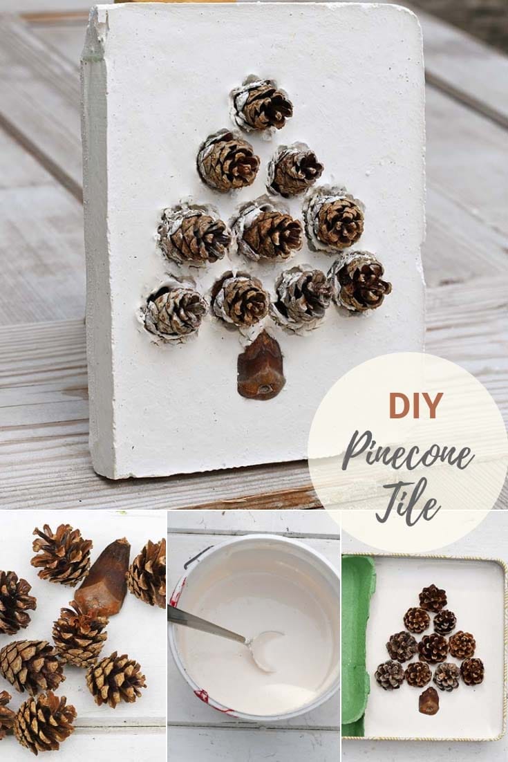 DIY decorated pinecone christmas craft tile