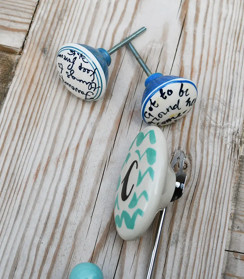 Blue ceramic knobs and hook