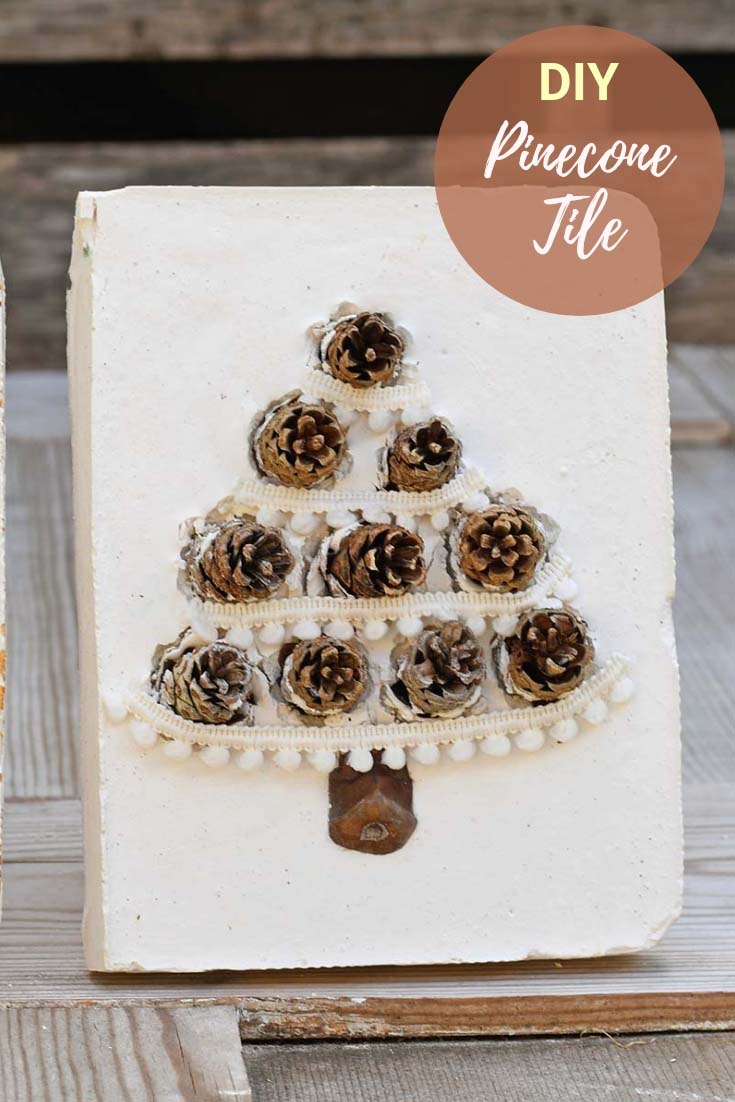 DIY pinecone christmas tree craft tile made with plaster of paris