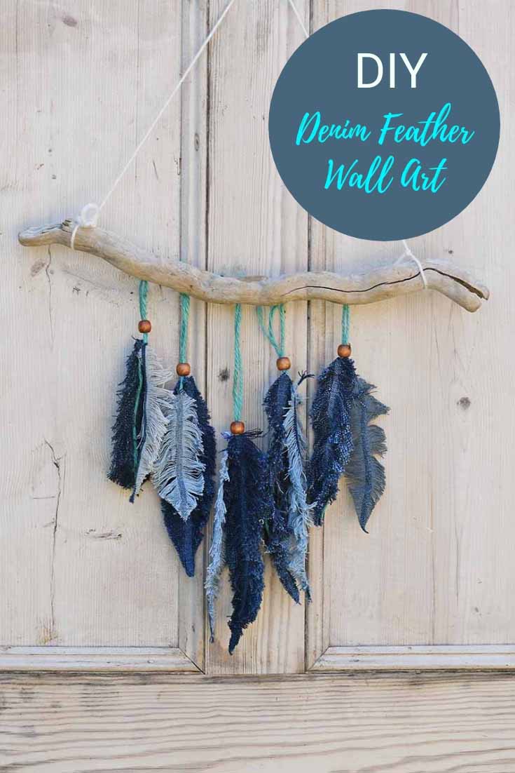 DIY repurposed denim feather wall decor