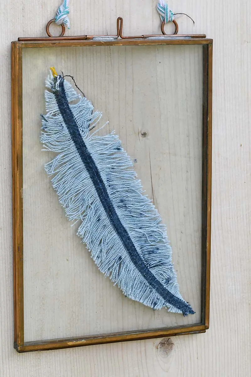 framed upcycled DIY denim feather 