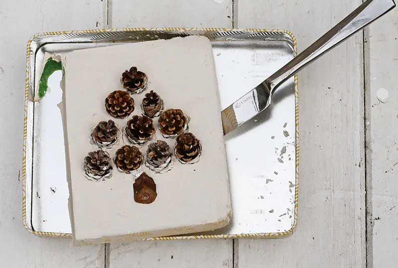 removing pinecone christmas craft from tin