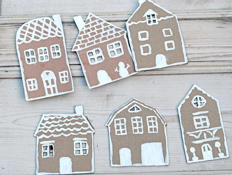 Painted cardboard gingerbread houses 