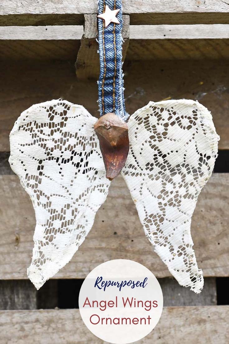 Repurposed doily angel wings Christmas ornament