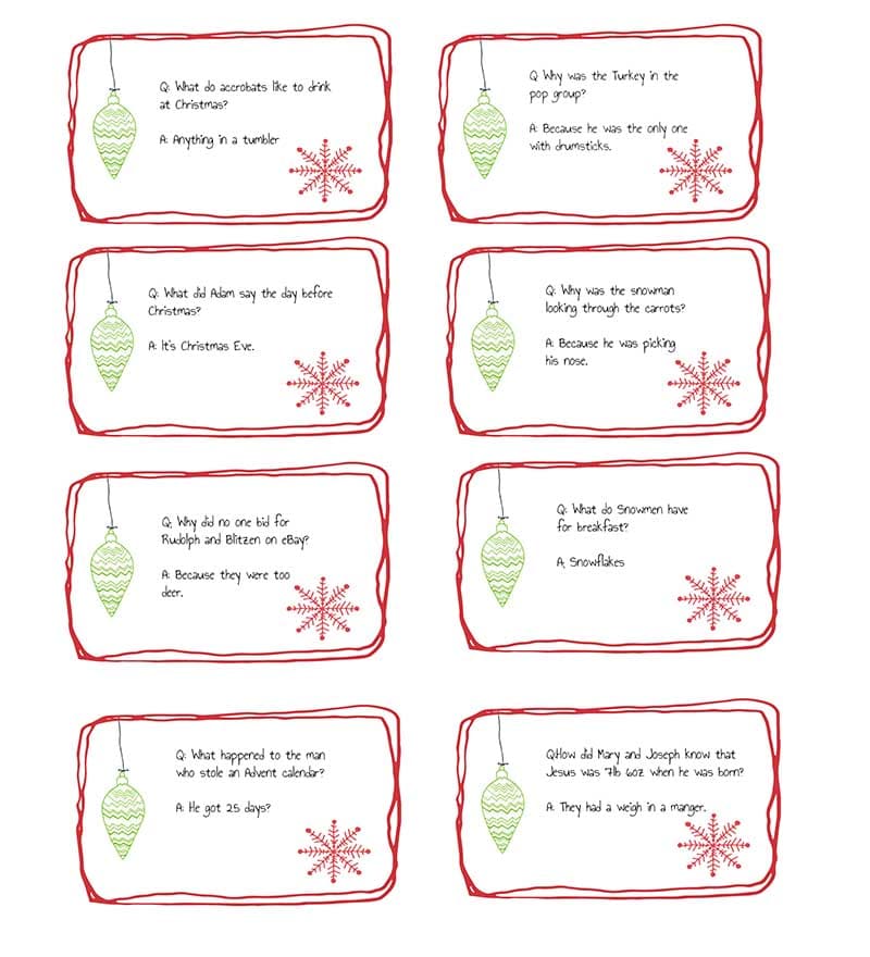Free printable Christmas cracker jokes for your handmade Christmas crackers.