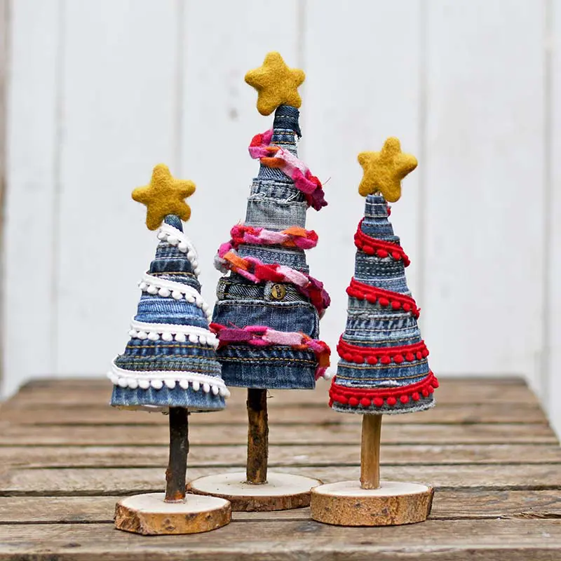 Upcycled Christmas trees made from old jeans